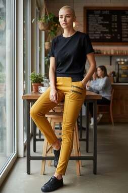 Bolf Women's Slim Fit Moto Style Stretchy Trousers with Zipper Pockets - Camel